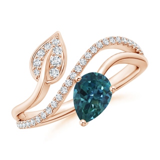 7x5mm AAA Teal Montana Sapphire and Diamond Bypass Ring with Leaf Motif in Rose Gold