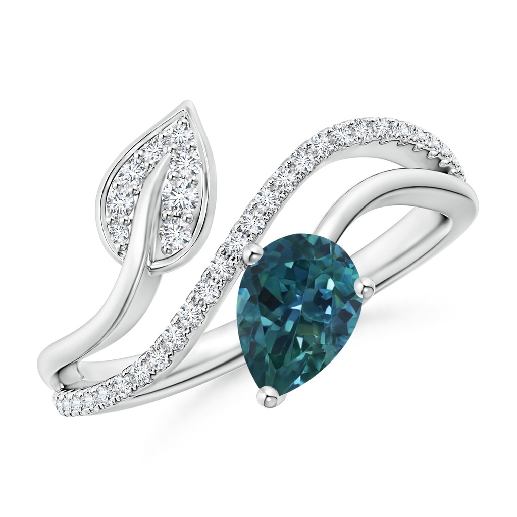 7x5mm AAA Teal Montana Sapphire and Diamond Bypass Ring with Leaf Motif in White Gold