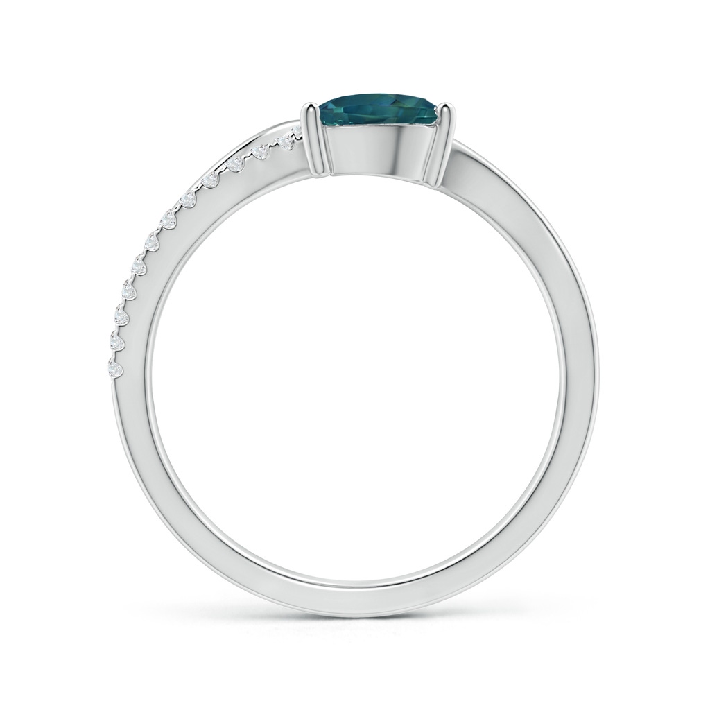 7x5mm AAA Teal Montana Sapphire and Diamond Bypass Ring with Leaf Motif in White Gold Side 1