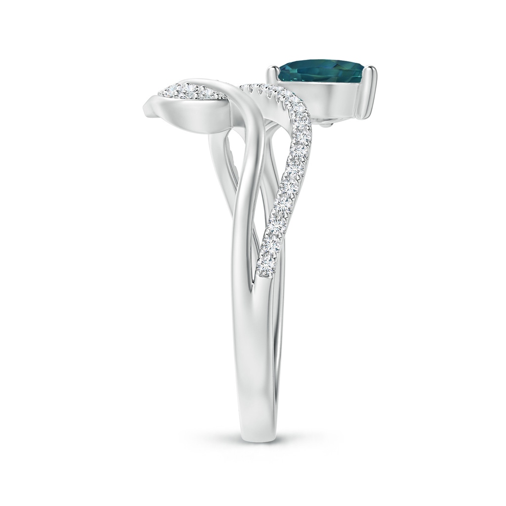 7x5mm AAA Teal Montana Sapphire and Diamond Bypass Ring with Leaf Motif in White Gold Side 2