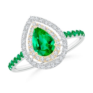 7x5mm AAA Pear-Shaped Emerald Two Tone Ring with Double Halo in White Gold Yellow Gold