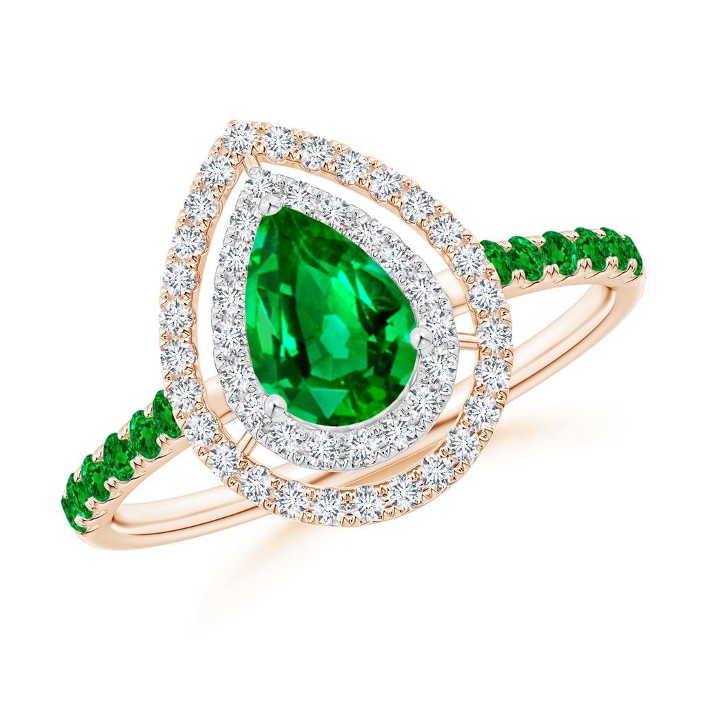 7x5mm AAAA Pear-Shaped Emerald Two Tone Ring with Double Halo in Rose Gold White Gold