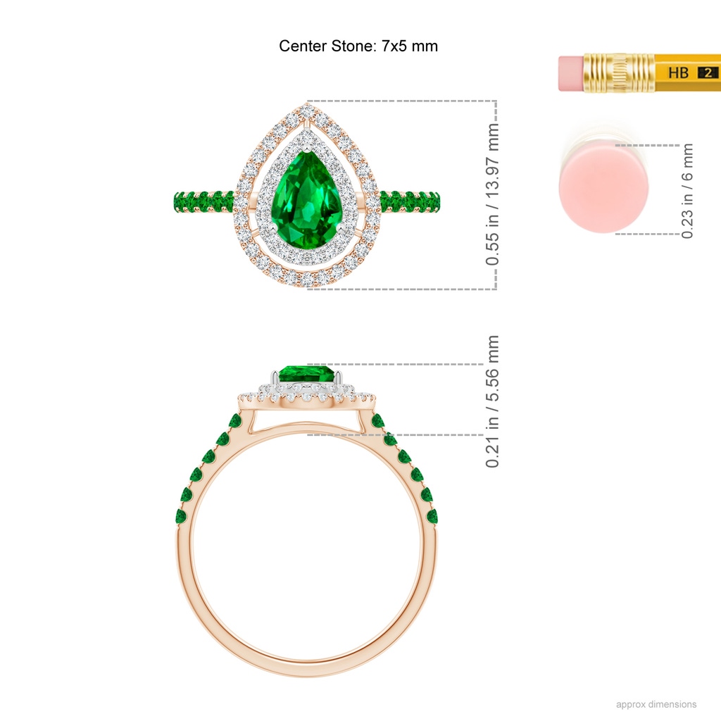 7x5mm AAAA Pear-Shaped Emerald Two Tone Ring with Double Halo in Rose Gold White Gold Ruler