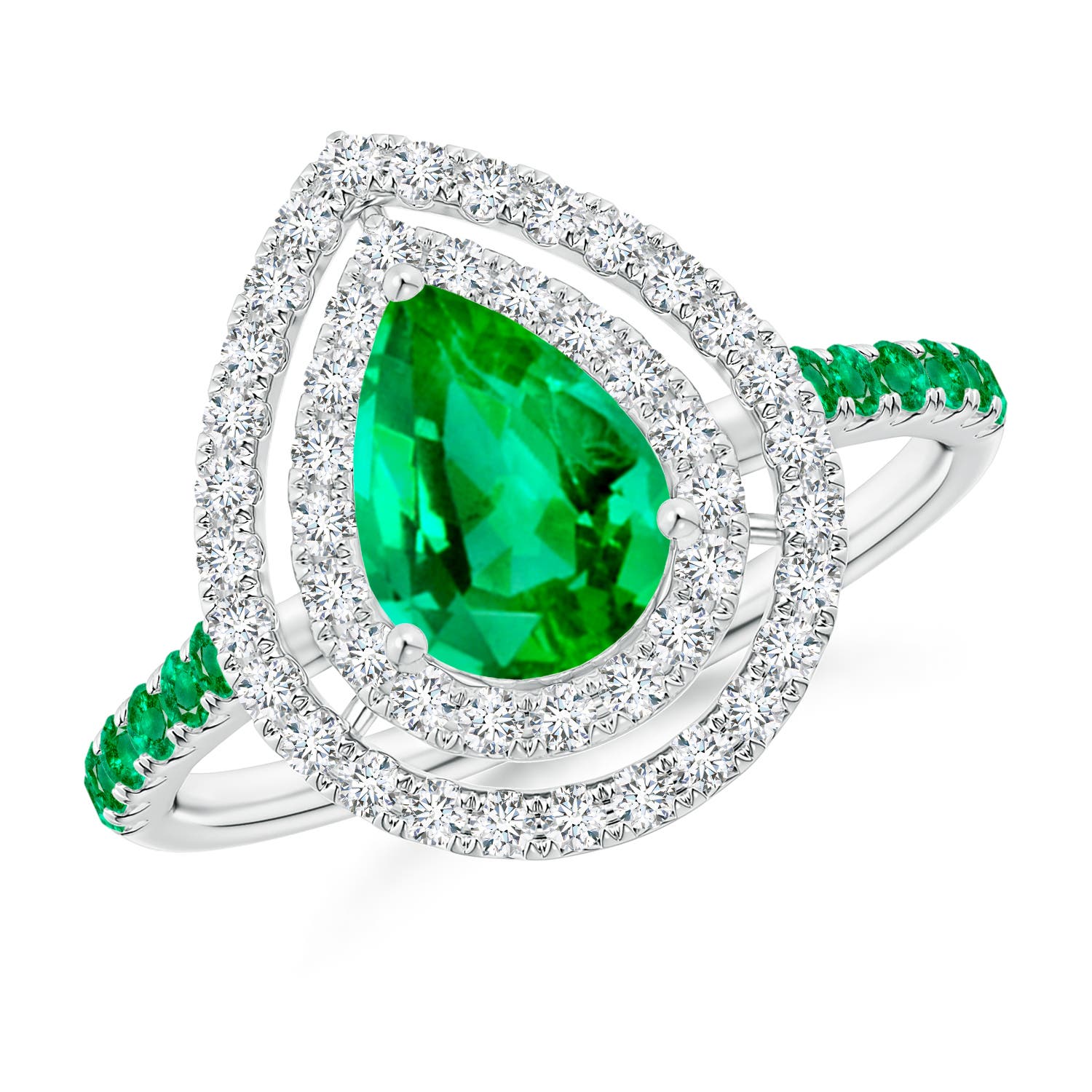 Pear-Shaped Emerald Two Tone Ring with Double Halo | Angara