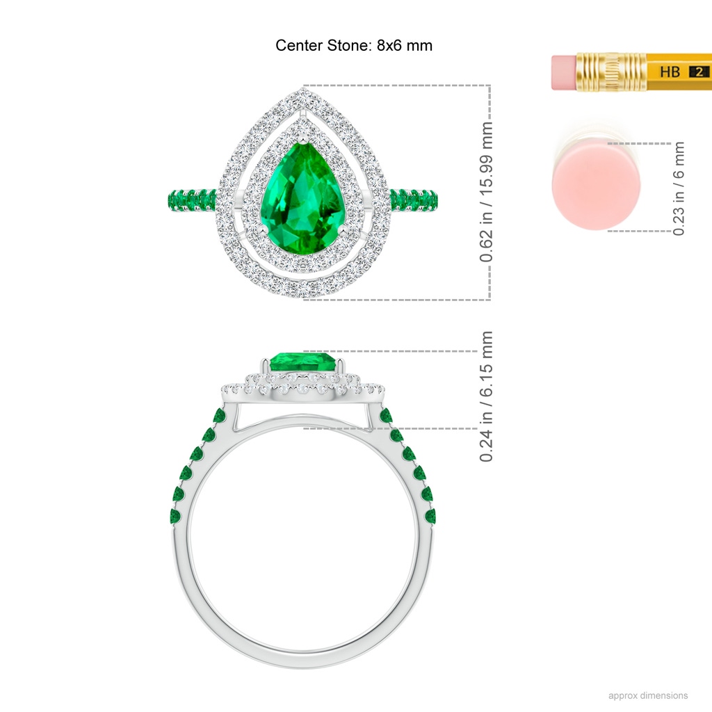 8x6mm AAA Pear-Shaped Emerald Two Tone Ring with Double Halo in White Gold Ruler
