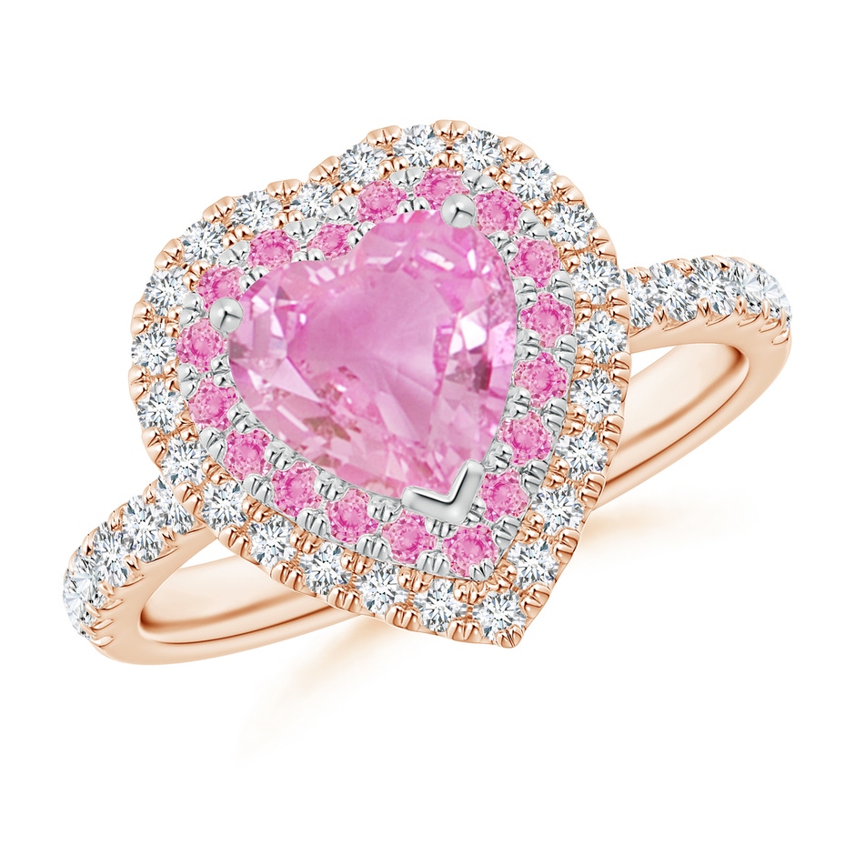 7mm A Heart-Shaped Pink Sapphire Two Tone Ring with Double Halo in Rose Gold White Gold 