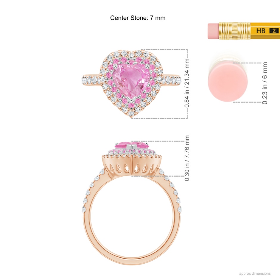 7mm A Heart-Shaped Pink Sapphire Two Tone Ring with Double Halo in Rose Gold White Gold ruler