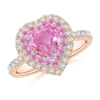 7mm AA Heart-Shaped Pink Sapphire Two Tone Ring with Double Halo in Rose Gold White Gold