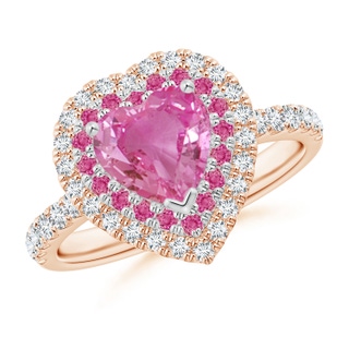 7mm AAA Heart-Shaped Pink Sapphire Two Tone Ring with Double Halo in 9K Rose Gold 9K White Gold