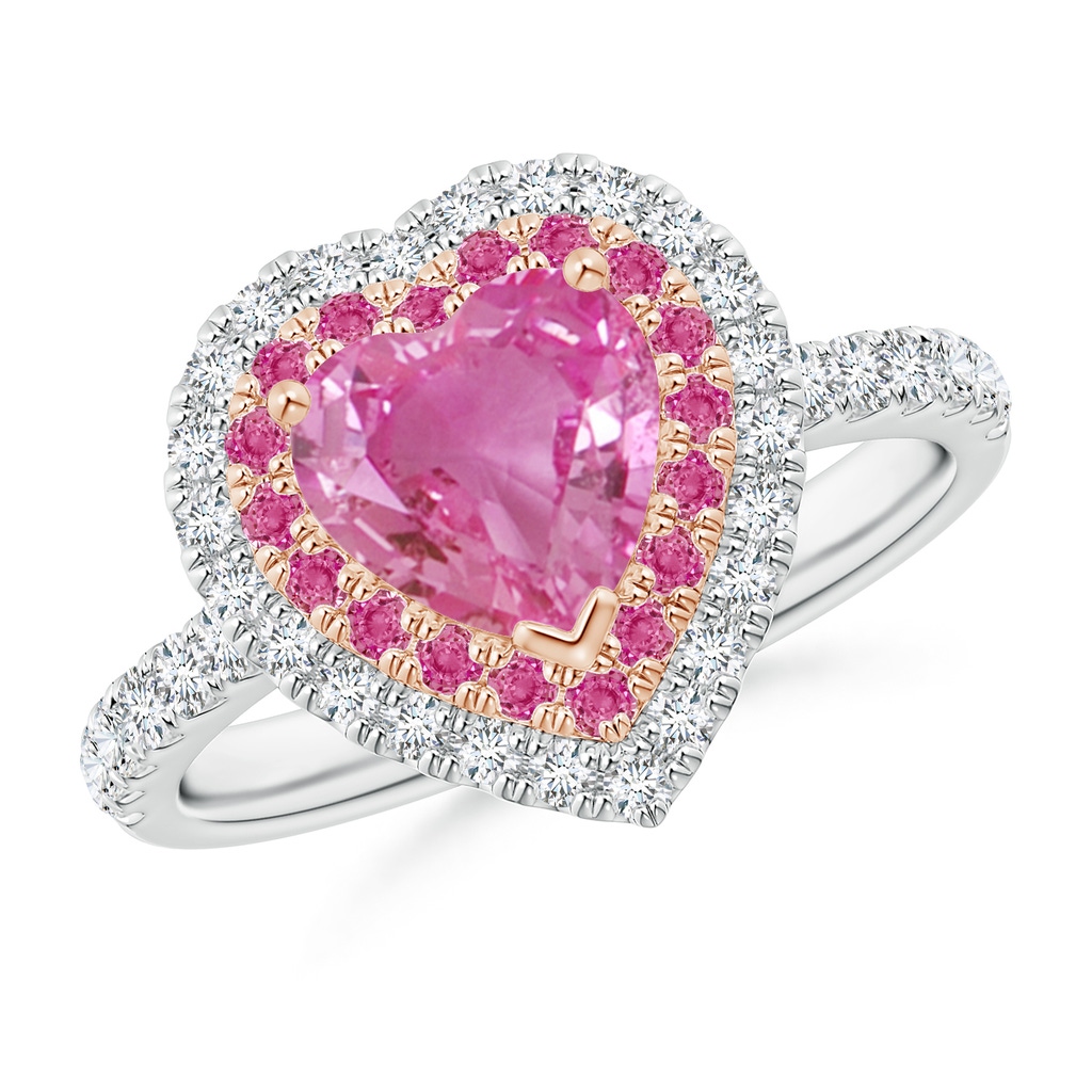 7mm AAA Heart-Shaped Pink Sapphire Two Tone Ring with Double Halo in White Gold Rose Gold 