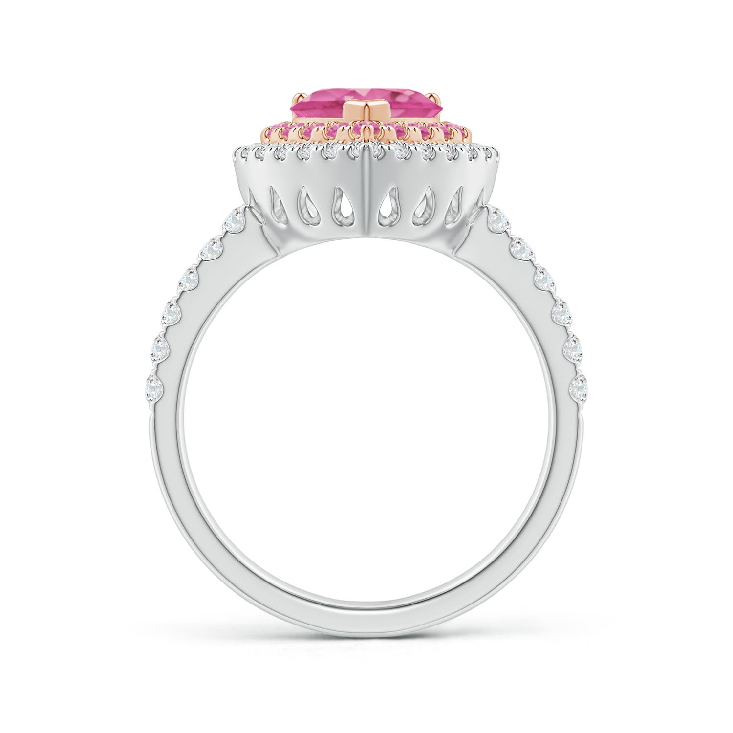 7mm AAA Heart-Shaped Pink Sapphire Two Tone Ring with Double Halo in White Gold Rose Gold - side 1