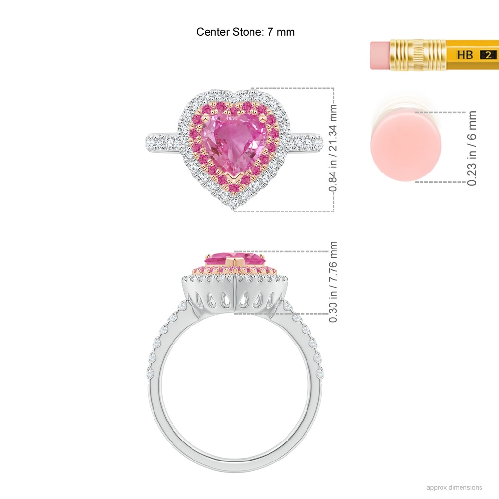 7mm AAA Heart-Shaped Pink Sapphire Two Tone Ring with Double Halo in White Gold Rose Gold Ruler