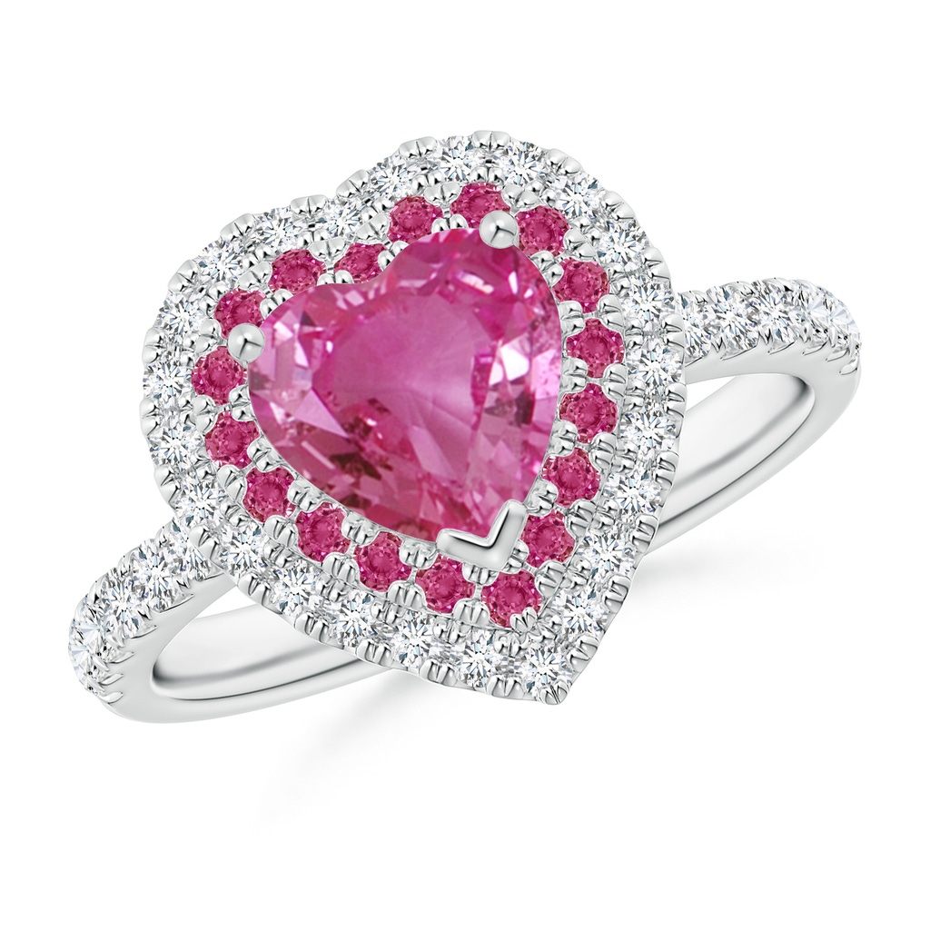 7mm AAAA Heart-Shaped Pink Sapphire Two Tone Ring with Double Halo in P950 Platinum