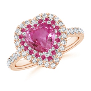 7mm AAAA Heart-Shaped Pink Sapphire Two Tone Ring with Double Halo in Rose Gold White Gold