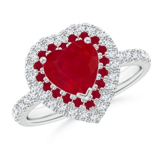 7mm AA Heart-Shaped Ruby Two Tone Ring with Double Halo in P950 Platinum