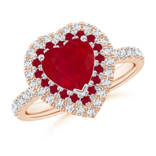 7mm AA Heart-Shaped Ruby Two Tone Ring with Double Halo in Rose Gold White Gold