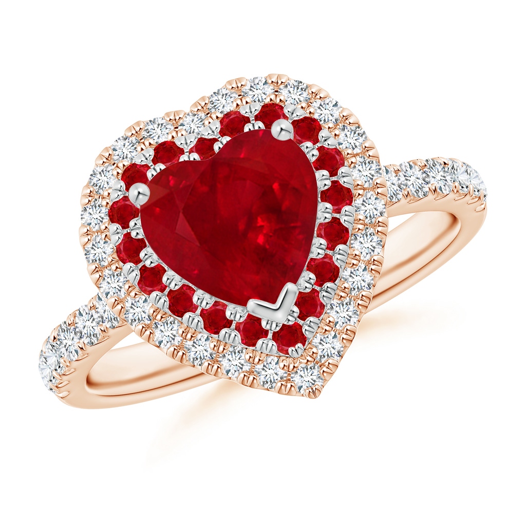 7mm AAA Heart-Shaped Ruby Two Tone Ring with Double Halo in Rose Gold White Gold