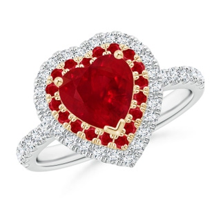 7mm AAA Heart-Shaped Ruby Two Tone Ring with Double Halo in White Gold Yellow Gold