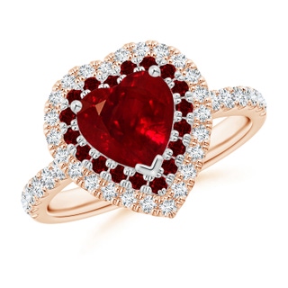 7mm AAAA Heart-Shaped Ruby Two Tone Ring with Double Halo in Rose Gold White Gold