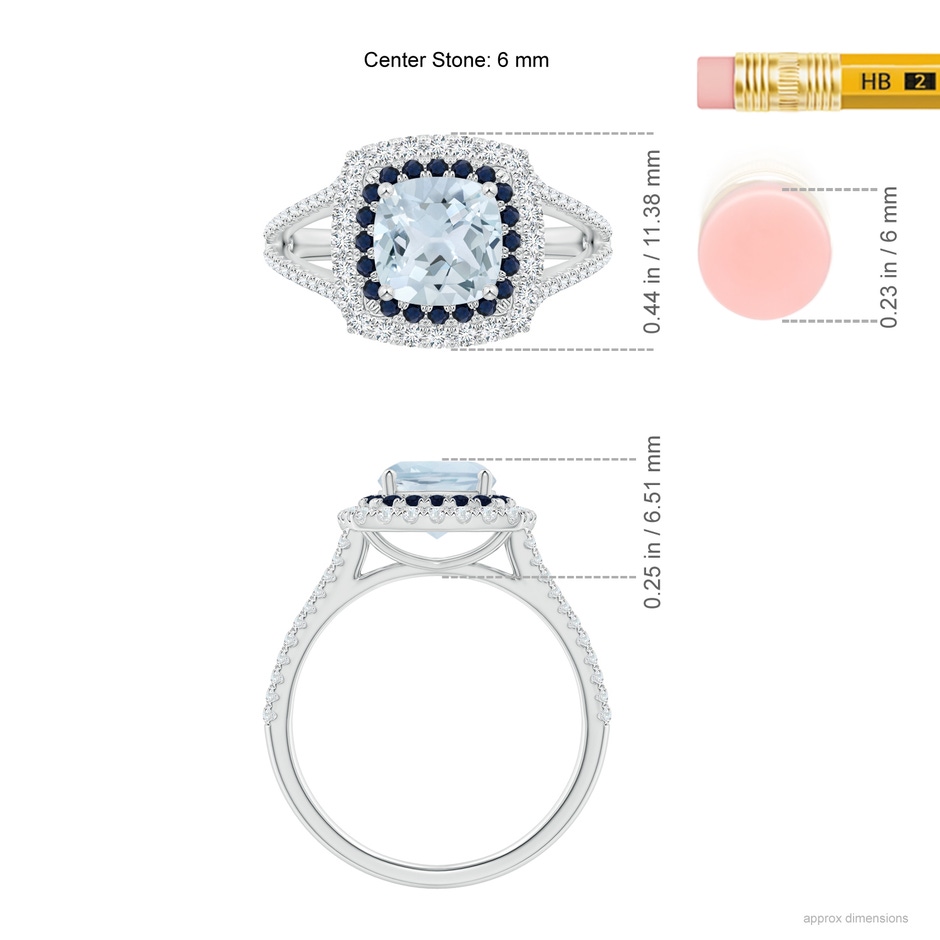6mm A Cushion Aquamarine Double Halo Split Shank Two Tone Ring in White Gold ruler