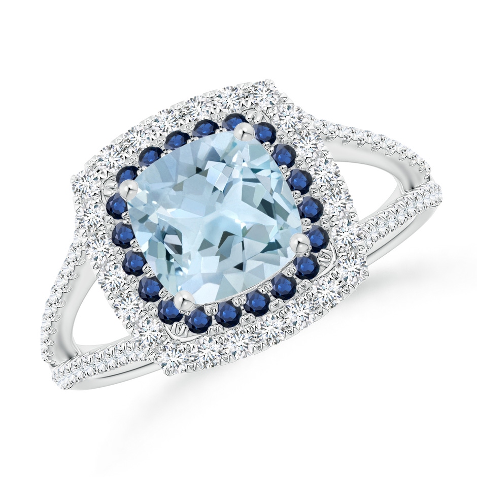 6mm AA Cushion Aquamarine Double Halo Split Shank Two Tone Ring in P950 Platinum 