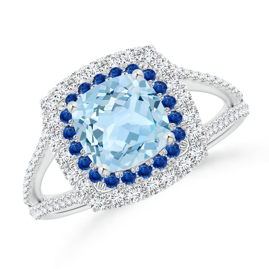 6mm AAA Cushion Aquamarine Double Halo Split Shank Two Tone Ring in P950 Platinum 