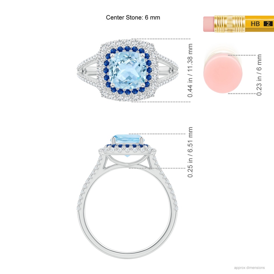6mm AAA Cushion Aquamarine Double Halo Split Shank Two Tone Ring in P950 Platinum ruler