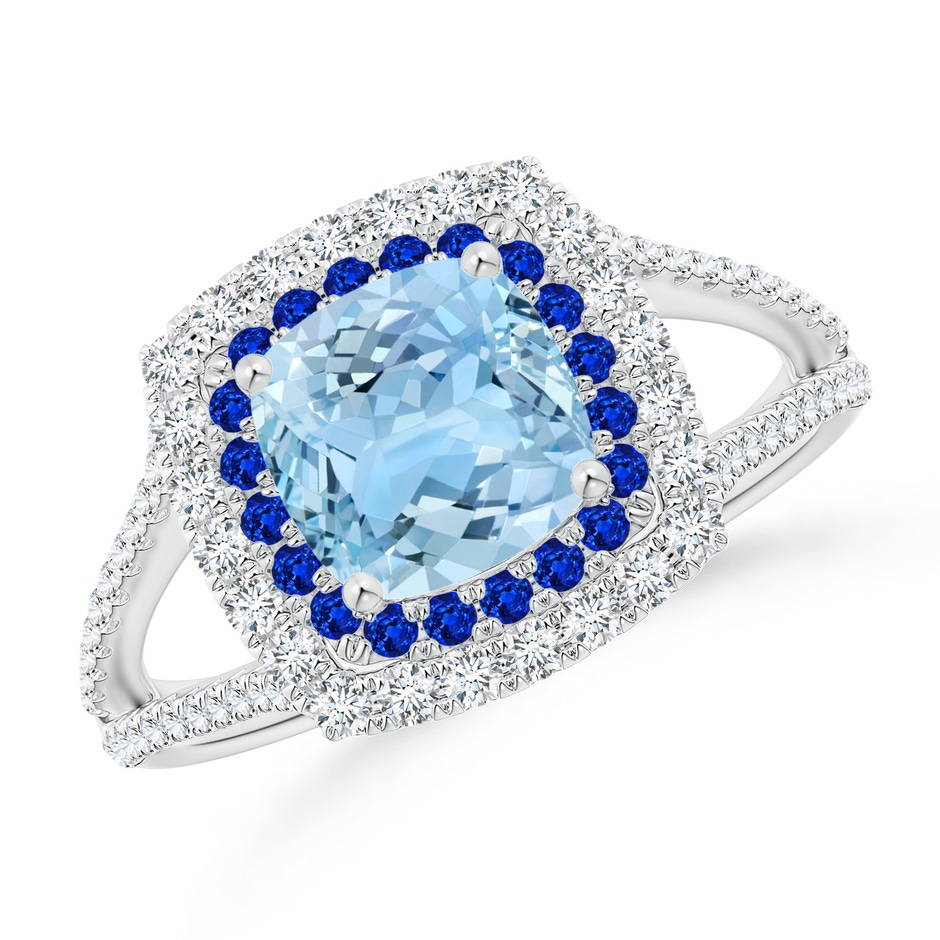 6mm AAAA Cushion Aquamarine Double Halo Split Shank Two Tone Ring in P950 Platinum 