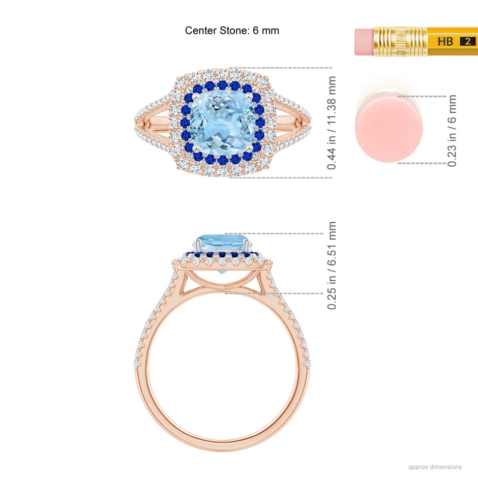 6mm AAAA Cushion Aquamarine Double Halo Split Shank Two Tone Ring in Rose Gold White Gold ruler