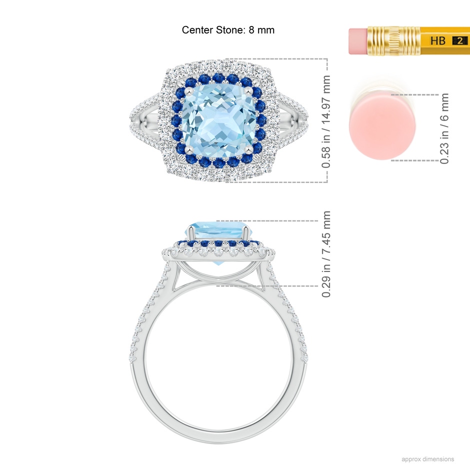 8mm AAA Cushion Aquamarine Double Halo Split Shank Two Tone Ring in P950 Platinum ruler