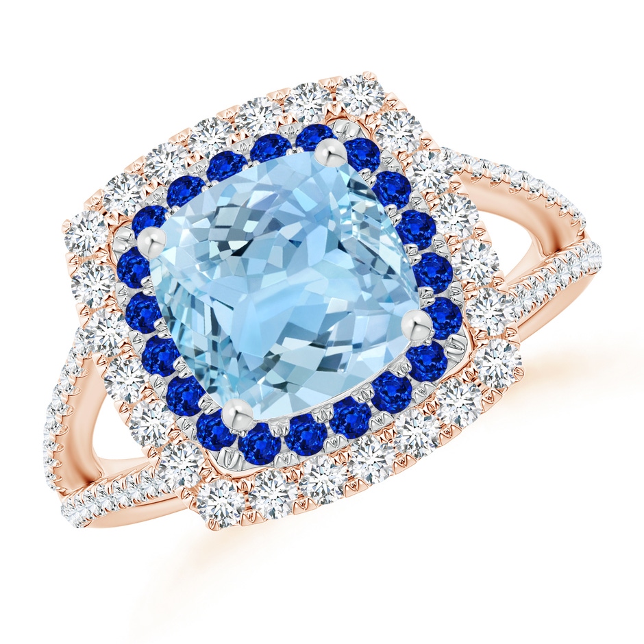 8mm AAAA Cushion Aquamarine Double Halo Split Shank Two Tone Ring in Rose Gold White Gold 