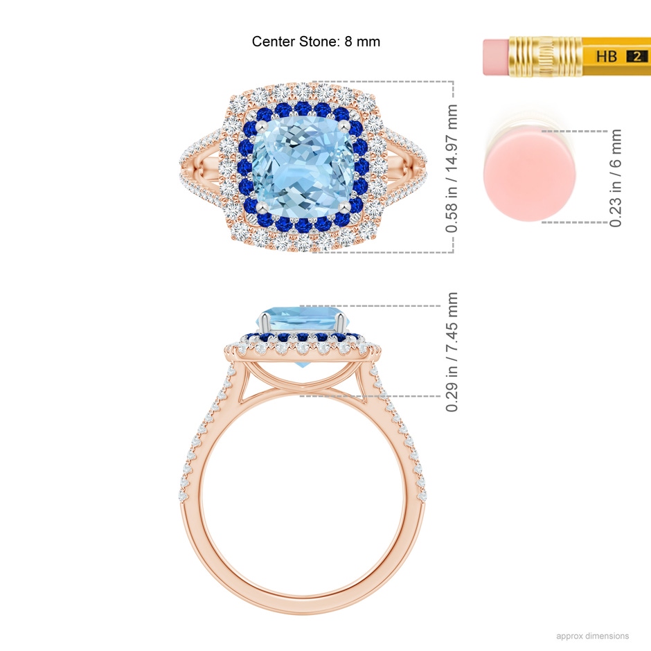 8mm AAAA Cushion Aquamarine Double Halo Split Shank Two Tone Ring in Rose Gold White Gold ruler