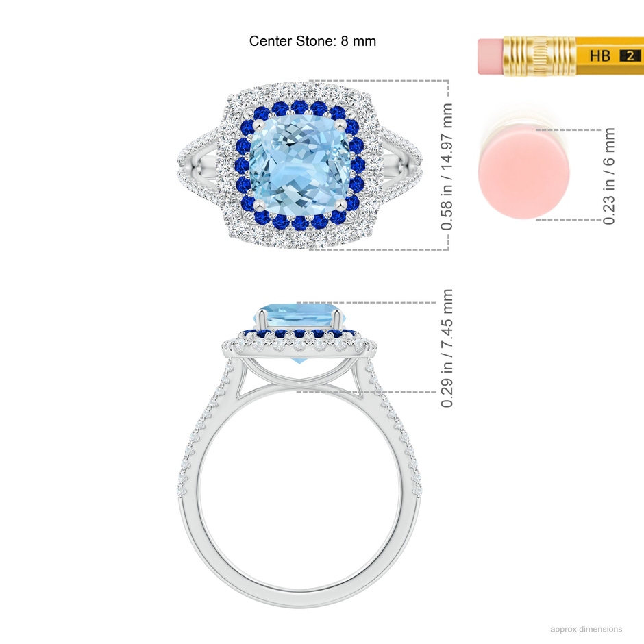 8mm AAAA Cushion Aquamarine Double Halo Split Shank Two Tone Ring in White Gold ruler