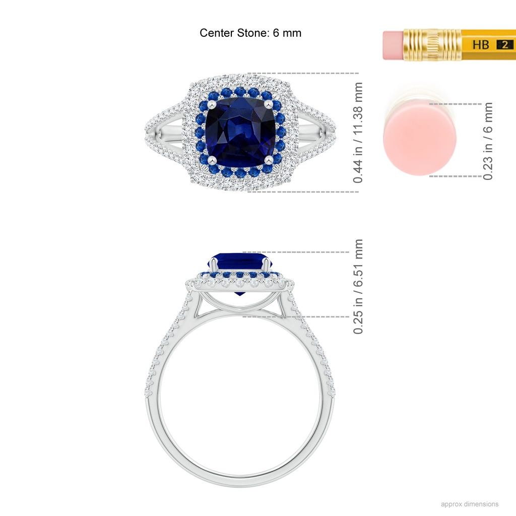 6mm AAA Cushion Sapphire Double Halo Split Shank Two Tone Ring in White Gold Ruler