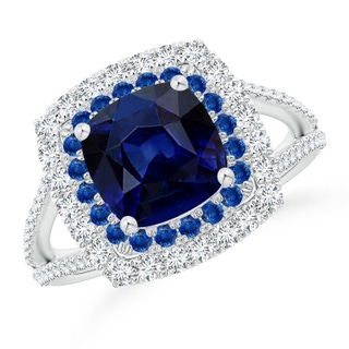 8mm AAA Cushion Sapphire Double Halo Split Shank Two Tone Ring in P950 Platinum