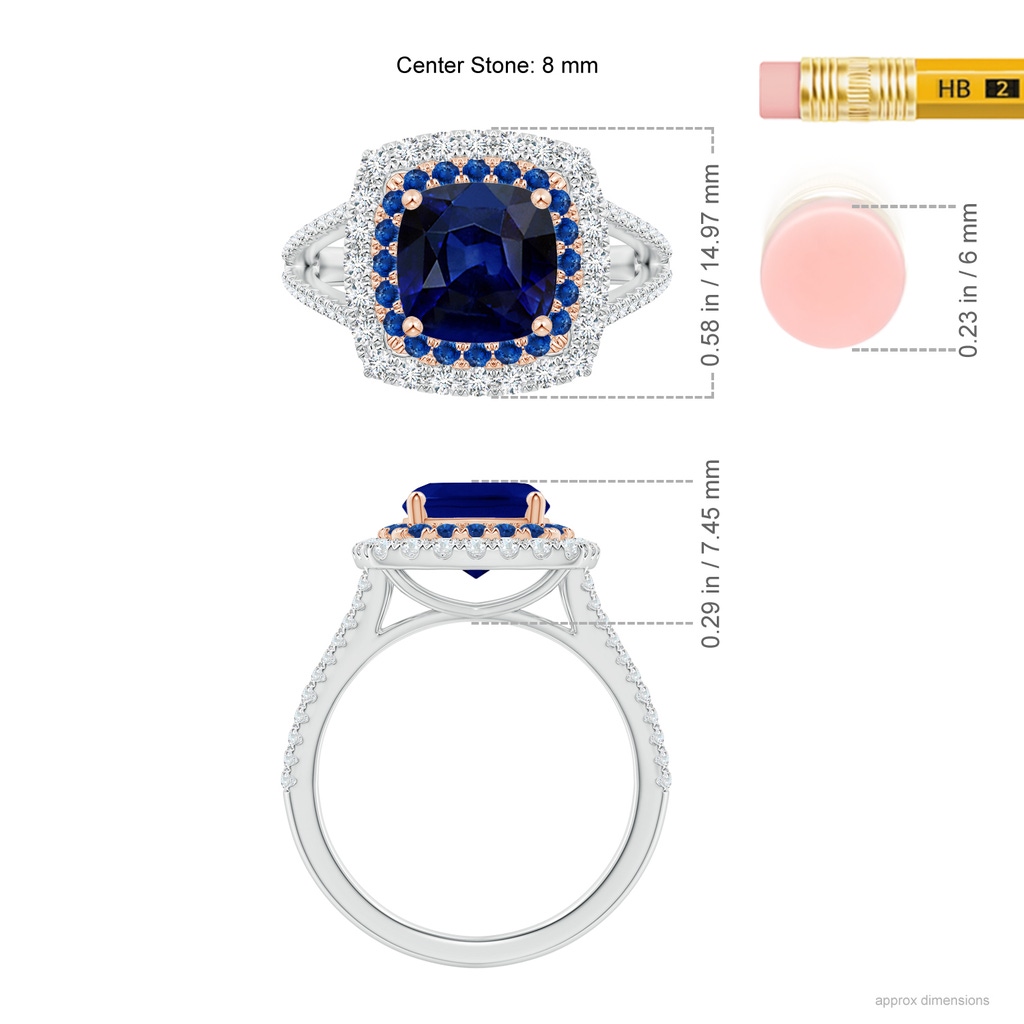 8mm AAA Cushion Sapphire Double Halo Split Shank Two Tone Ring in White Gold Rose Gold Ruler