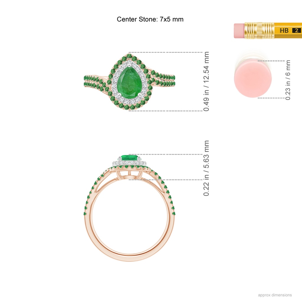 7x5mm A Pear Emerald Two Tone Bypass Ring with Double Halo in Rose Gold White Gold Ruler