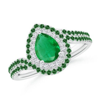 7x5mm AA Pear Emerald Two Tone Bypass Ring with Double Halo in P950 Platinum