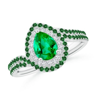 7x5mm AAA Pear Emerald Two Tone Bypass Ring with Double Halo in P950 Platinum