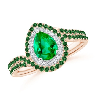 7x5mm AAA Pear Emerald Two Tone Bypass Ring with Double Halo in Rose Gold White Gold