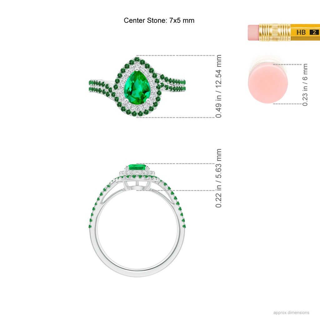 7x5mm AAA Pear Emerald Two Tone Bypass Ring with Double Halo in White Gold Ruler