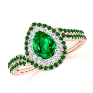 7x5mm AAAA Pear Emerald Two Tone Bypass Ring with Double Halo in Rose Gold White Gold