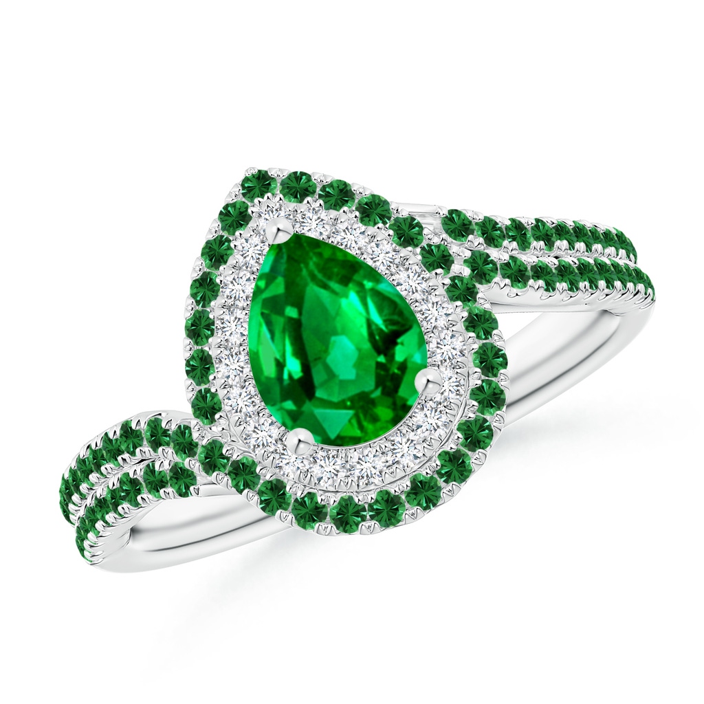 7x5mm AAAA Pear Emerald Two Tone Bypass Ring with Double Halo in White Gold