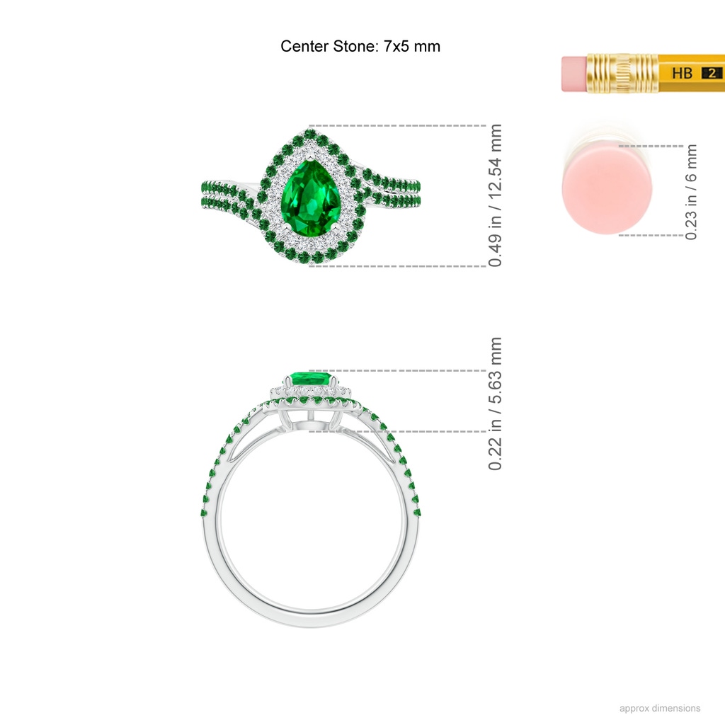 7x5mm AAAA Pear Emerald Two Tone Bypass Ring with Double Halo in White Gold Ruler
