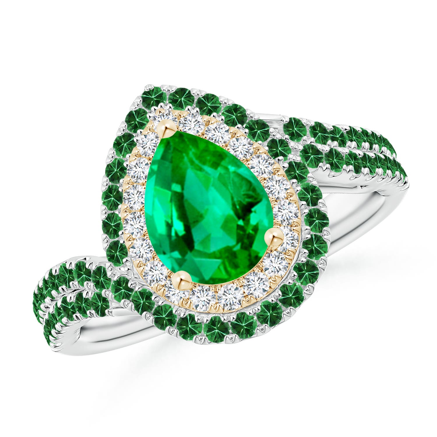 Pear Emerald Two Tone Bypass Ring with Double Halo