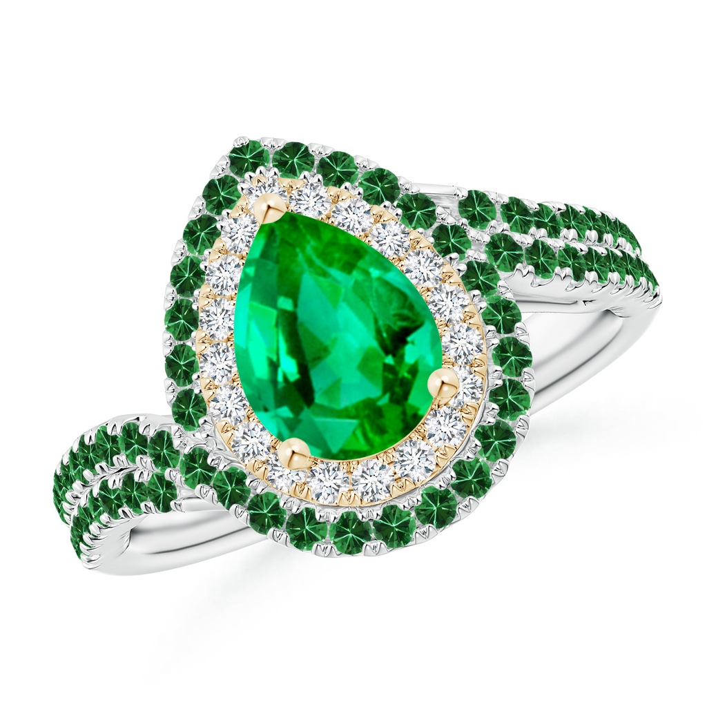 8x6mm AAA Pear Emerald Two Tone Bypass Ring with Double Halo in White Gold Yellow Gold