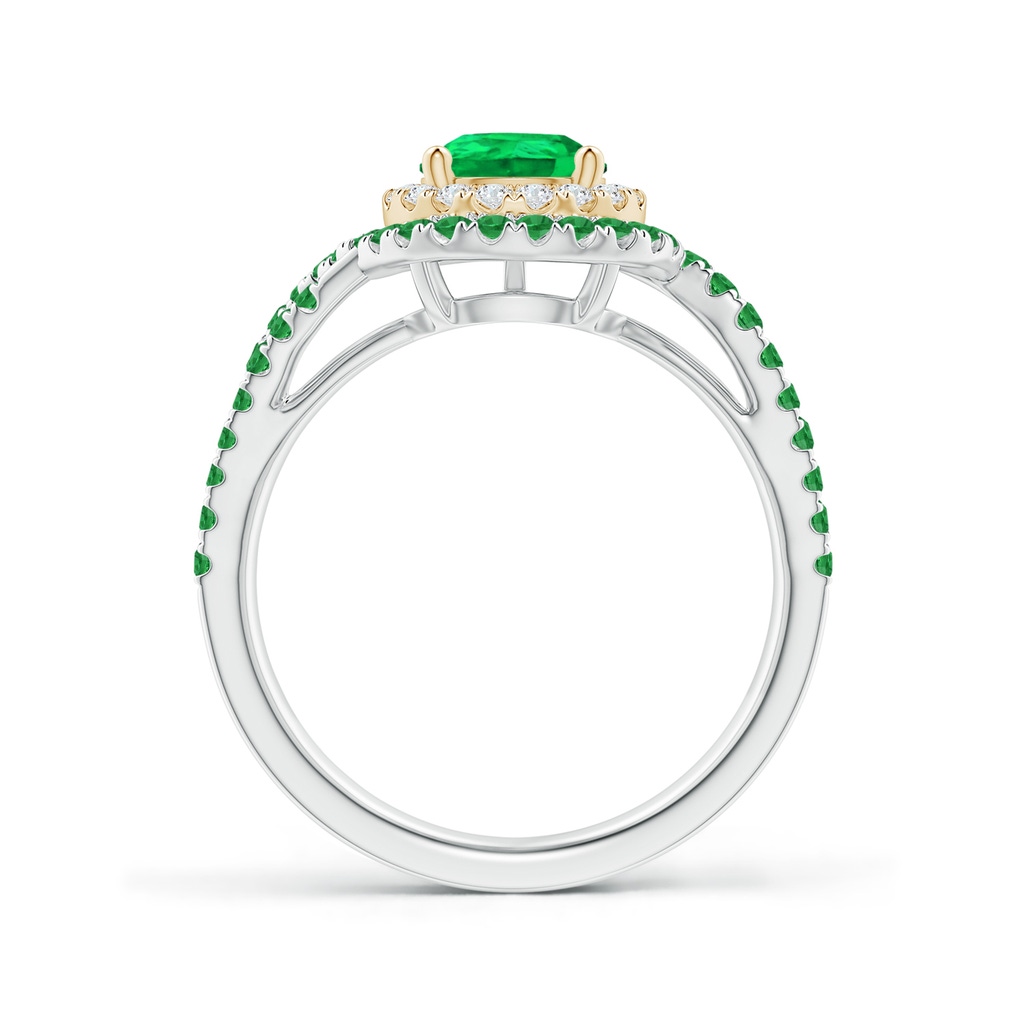 8x6mm AAA Pear Emerald Two Tone Bypass Ring with Double Halo in White Gold Yellow Gold Side 1
