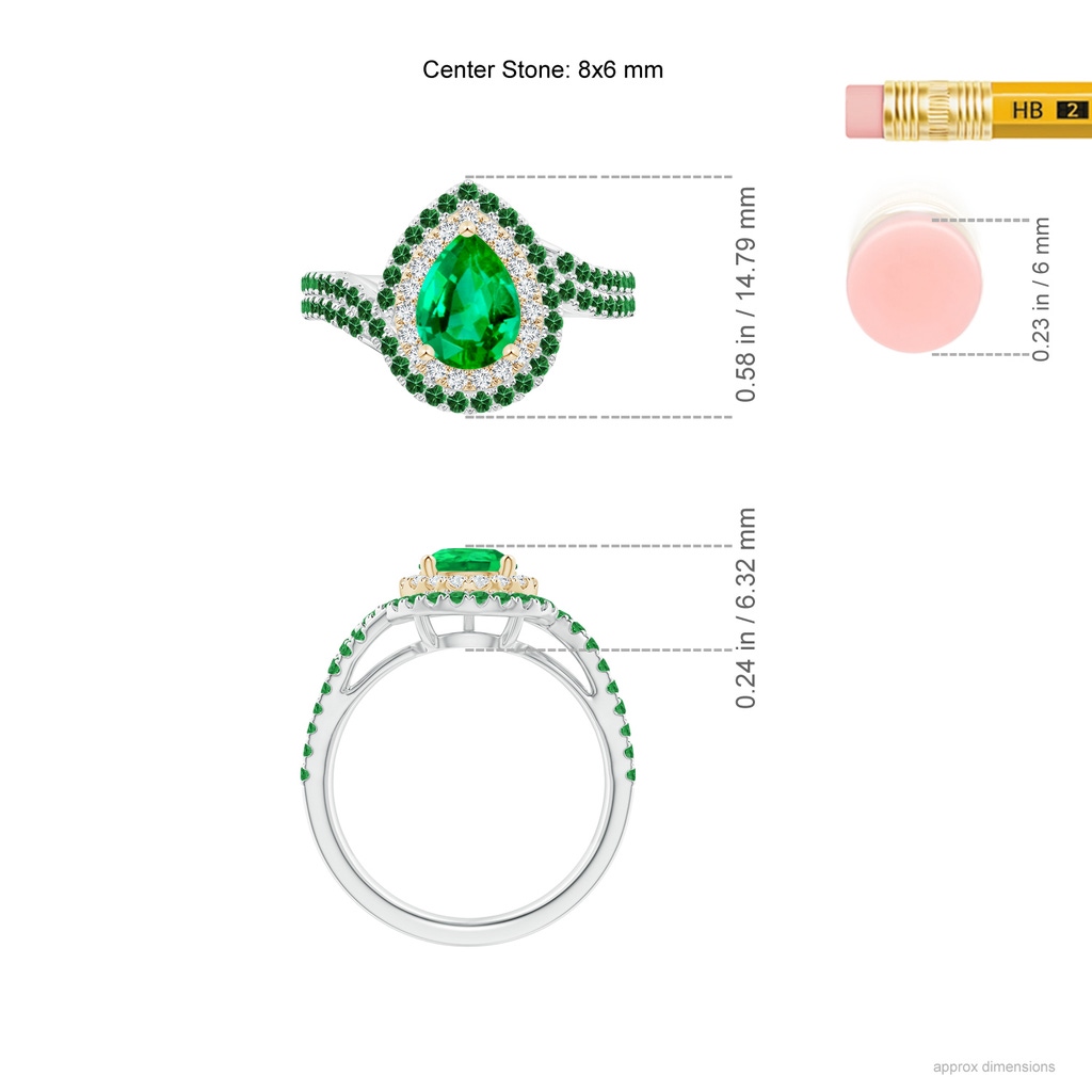 8x6mm AAA Pear Emerald Two Tone Bypass Ring with Double Halo in White Gold Yellow Gold Ruler