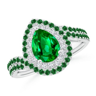 8x6mm AAAA Pear Emerald Two Tone Bypass Ring with Double Halo in P950 Platinum