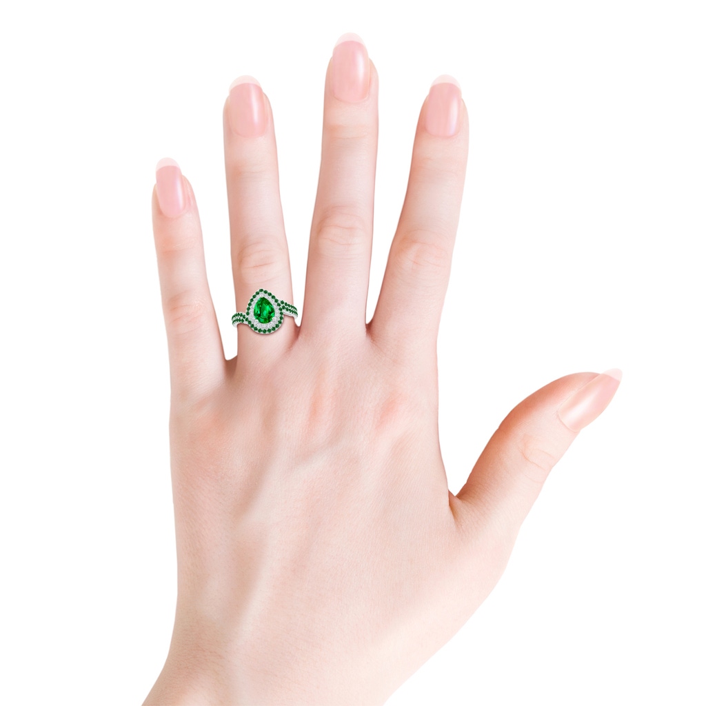8x6mm AAAA Pear Emerald Two Tone Bypass Ring with Double Halo in P950 Platinum Body-Hand